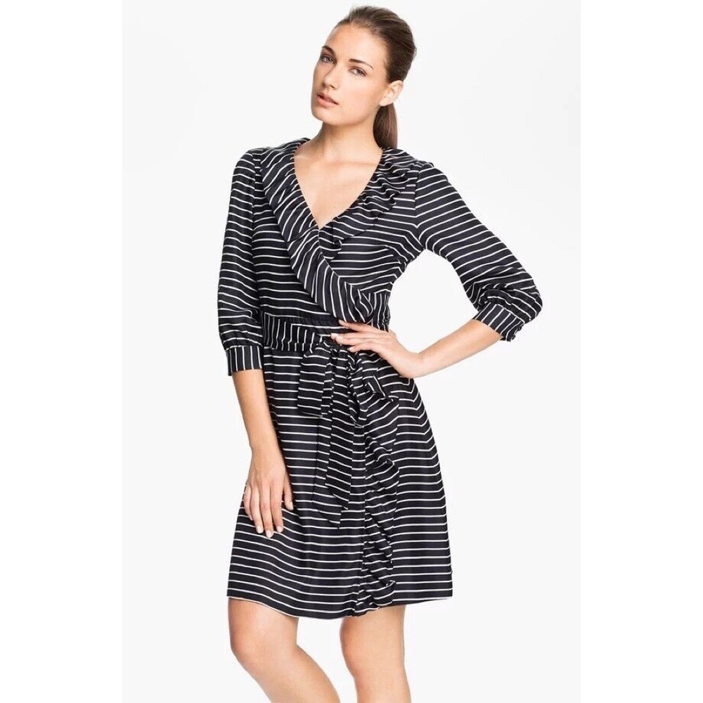 Kate Spade Daniella Wrap Dress Black White Stripe Silk Ruffle Tie Waist